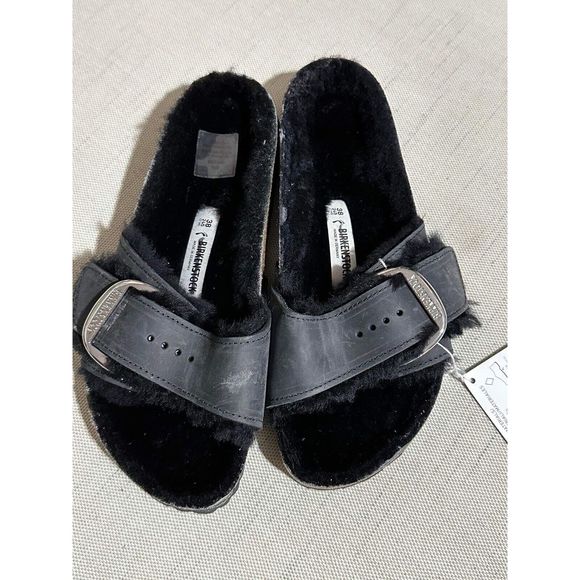 Birkenstock Madrid Big Buckle Black Oiled Leather Shearling Size 38 - Picture 3 of 5